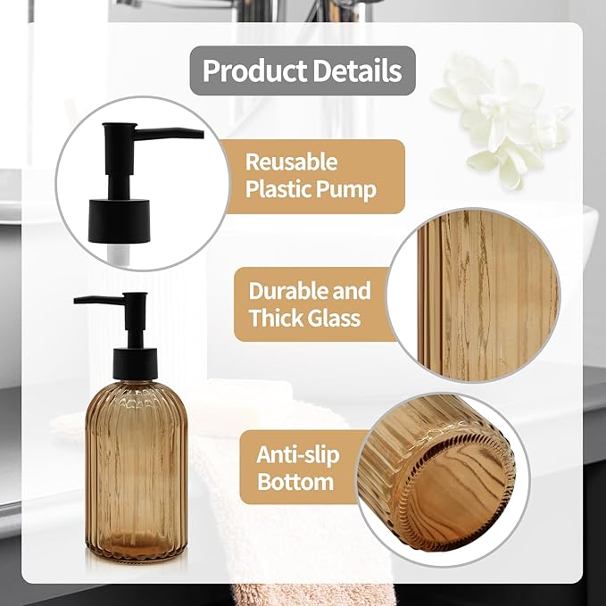 14oz Amber Glass Soap Dispenser with Black Pump – Refillable for Hand Soap, Dish Soap, Lotion, Suited for Kitchen, Bathroom & Laundry Room (Brown)