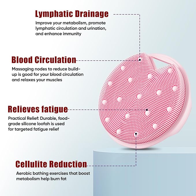 Heavy Duty Silicone Body Scrubber – Anti Zinc Infused-Lymphatic Brush Exfoliating Body Scrubber for Shower Body,with Stiff and Soft Bristles for Anti-Puffiness,Blood Circulation- Pink