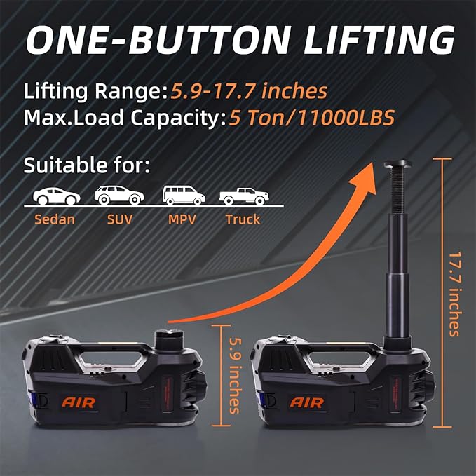 STANDTALL Electric Car Jack Kit 5 Ton 12V Hydraulic Jack Automatic Lift for Car with Impact Wrench and Tire Inflator Pump for SUV Sedan Truck Change Tires Garage Repair Road Emergency