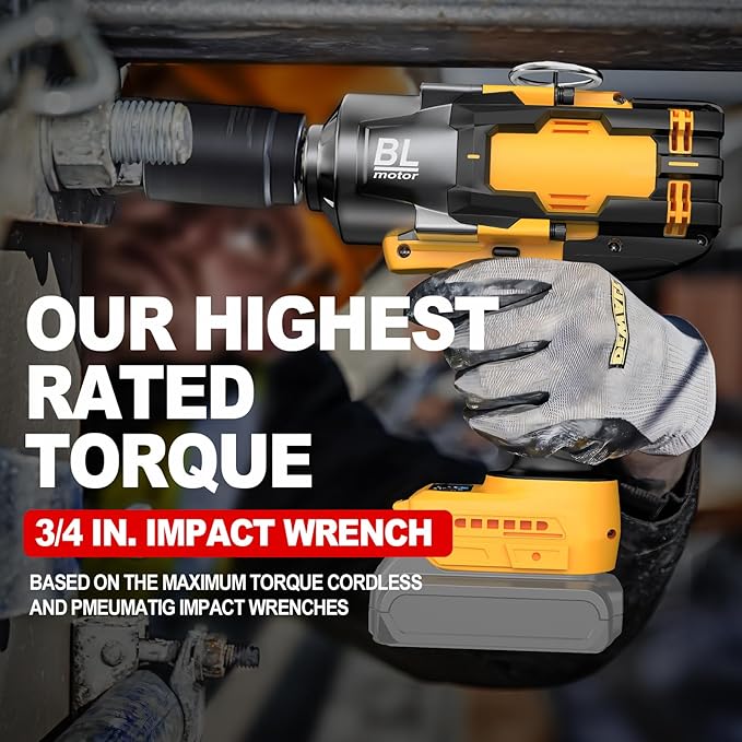Cordless Impact Wrench 3/4" for De-Walt 20V Battery, 1475 Ft-lbs (2000N.m) High Torque power Impact Gun Heavy Duty Brushless, 3 Mode, 1/2" Impact Socket Adapter, Car Tire Truck RV Mower (No battery)