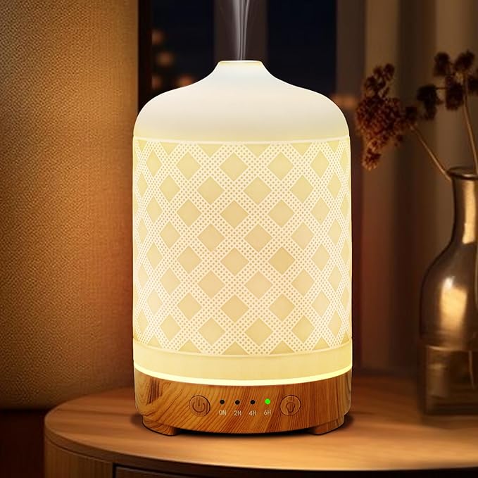 Essential Oil Diffuser 200ml-Ultrasonic Aroma Diffuser with 4 Timers, Aromatherapy Diffuser 7 Color LED Lights Waterless Auto Off for Home Office Yoga Gift (Ceramic White)