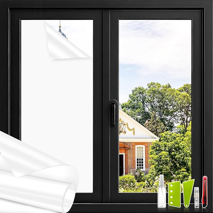 Privacy Window Film Total Blackout Cover, 100% Light Blocking Window Tint Static Cling Sun Blocking Heat Control, Anti UV Scratch Resistant for Home Office (Whiteout, 24in x 6.5ft)