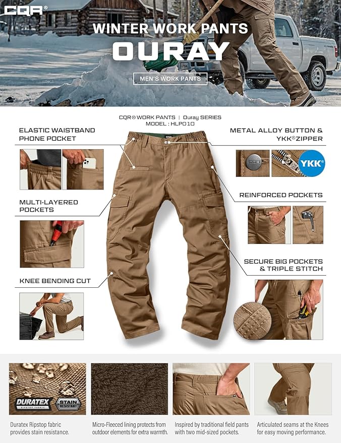 CQR Men's Winter Tactical Cargo Pants, Thermal Fleece Lined Outdoor Snow Ski Hiking Work