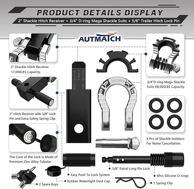 AUTMATCH Shackle Hitch Receiver 2" with 3/4" Mega D Ring Shackle and 5/8" Trailer Hitch Lock Pin, 68,000 Lbs Break Strength Heavy Duty Receiver Towing Kit for Off-Road Vehicle Recovery, Black & Silver