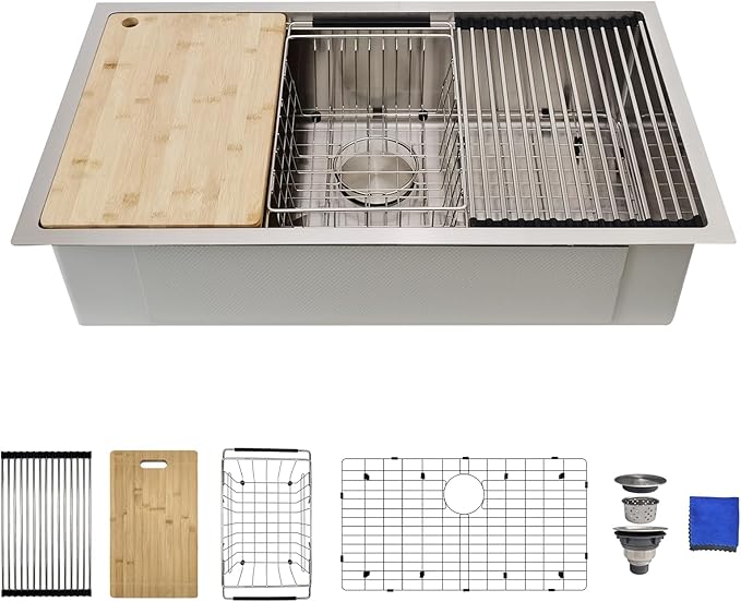 33 Inch Undermount Kitchen Sink Workstation – Delironexu 16 Gauge Undermount Stainless Steel Sink, 33x19 Kitchen sink Single Bowl with 6 Accessories, Multi-Functional Workstation Sinks