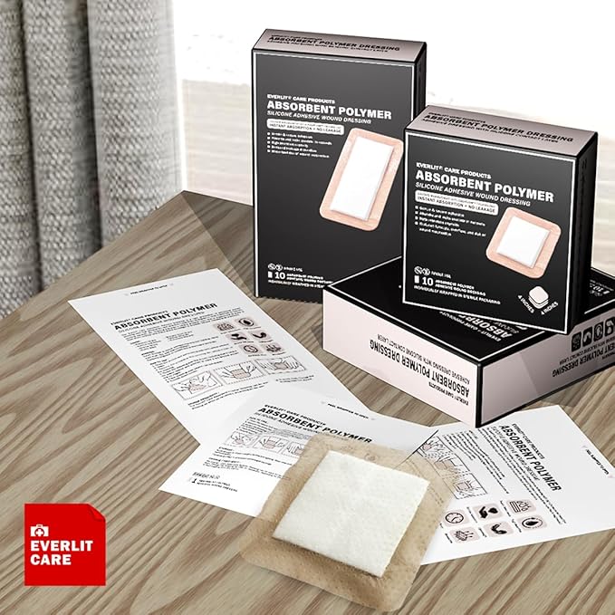 EVERLIT Super Absorbent Polymer Wound Dressing | Silicone Self-Adhesive Bandages with Ultrasorb Matrix for High Retention | 4" x 4" Sterile Adhesive Dressings Pack of 10