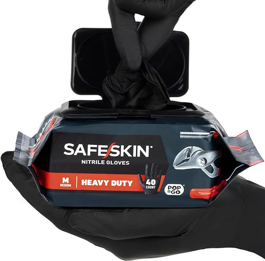 SAFESKIN Heavy Duty Nitrile Disposable Latex Free Gloves (40/160/1600 packs), Black Gloves for Food Prep, Cleaning, Mechanic