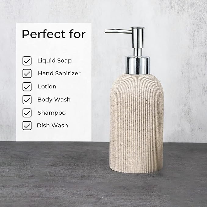 Lunestella Elegant Boho Beige Hand Soap Dispenser with Silver Pump, for Bathroom and Kitchen, Rust Proof, 7oz