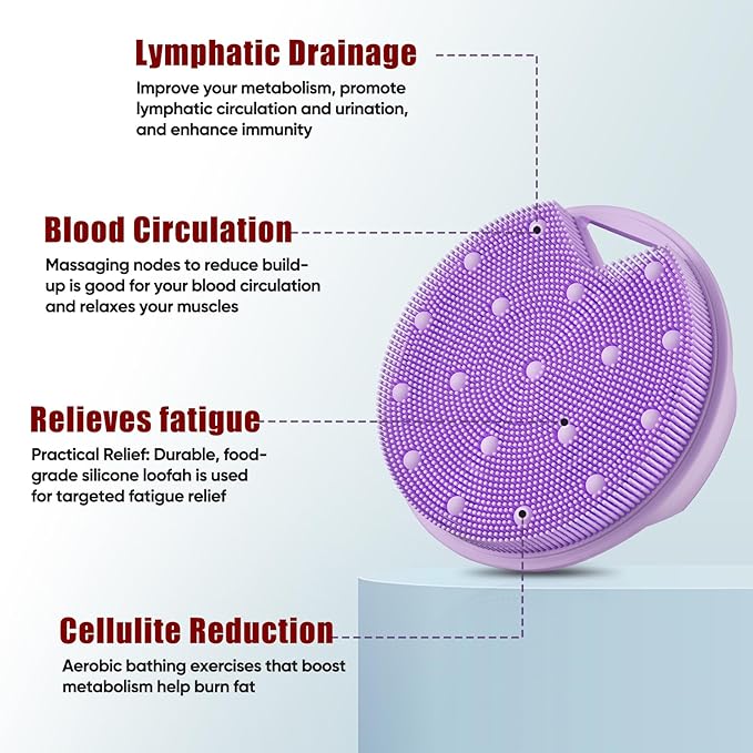 Heavy Duty Silicone Body Scrubber – Anti Zinc Infused-Lymphatic Brush Exfoliating Body Scrubber for Shower Body,with Stiff and Soft Bristles for Anti-Puffiness,Blood Circulation - Purple