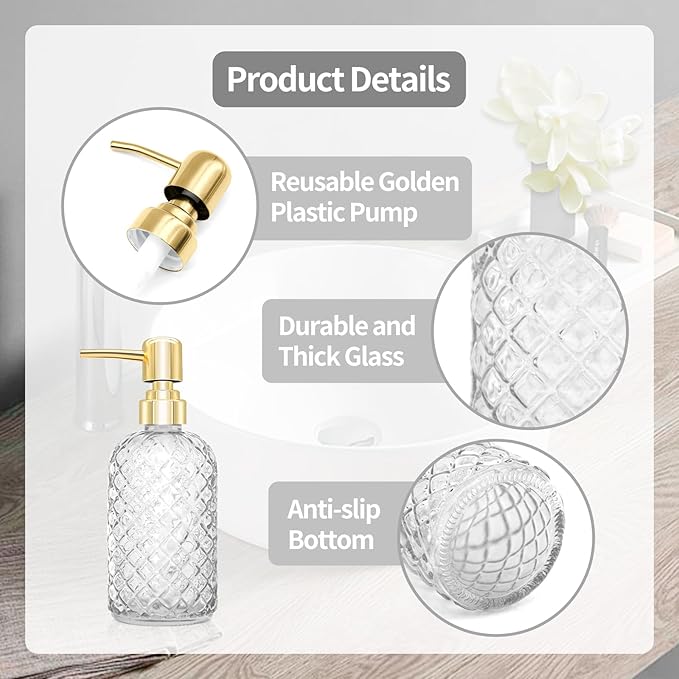 450ml Glass Soap Dispenser with Pump, 16 oz Diamond Cut Design Refillable Liquid Hand Soap Bottle Dispenser for Bathroom, Countertop, Kitchen, Laundry Room, Home Decor Accessories