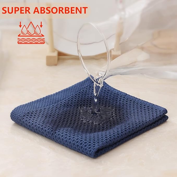 Kitinjoy 100% Cotton Kitchen Dish Cloths, 8 Pack Waffle Weave Ultra Soft Absorbent Dish Towels for Drying Dishes Quick Drying Kitchen Towels Dish Rags, 12 X 12Inch, Navy Blue