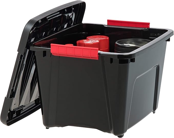 IRIS USA Stack and Pull 19 Quart Black Plastic Storage Tote Container Box Bin with Red Handles for Indoor/Outdoor Home, Garage, or Closet (6 Pack)