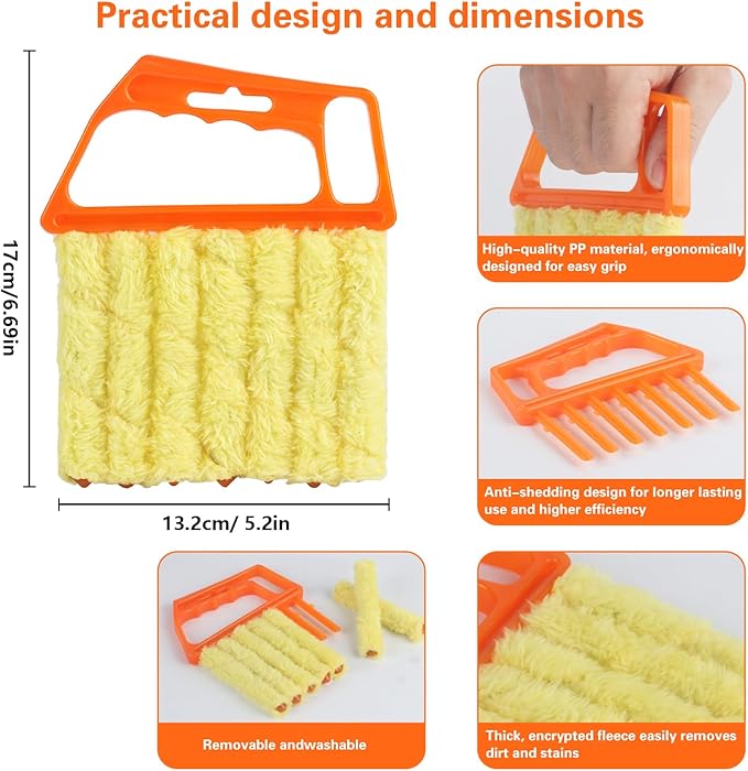 4Pcs Window Venetian Blind Cleaner Duster Tool,Blind Duster for Cleaning,Washable 7Finger Duster Brush Dusting Cleaner Tool for Window Shutters Air Conditioner Vinyl Wood Blinds,with 4 Cloth Cover