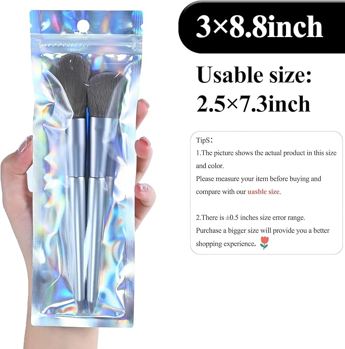 100 Pack Resealable Plastic Bags for Food Storage, Zipper Bags with Clear Front Window, Packaging Pouch for Small Business (Holographic, 3x8.8 inch)