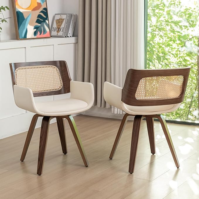 Set of 4 Swivel Dining Chairs - Swivel Walnut Dining Chairs with Ergonomic Cane Back, Bentwood Frame, Curved Arms, MCM Dining Chair for Kitchen/Conference/Restaurant/Living Room (Walnut Beige)