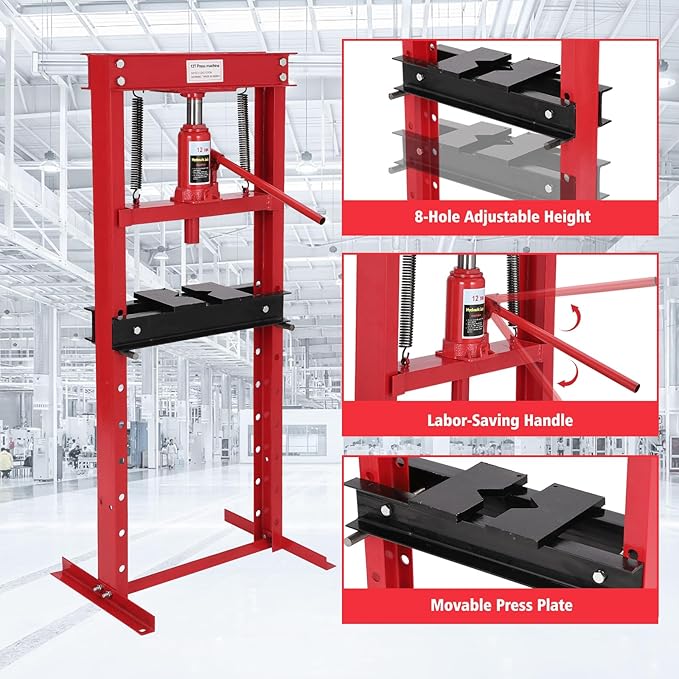 12 Ton Hydraulic Shop Press, H-Frame Garage Floor Adjustable Shop Bearing Press with Stamping Plates to Bend, Straighten, Or Press Parts, Install Bearings & U-Joints