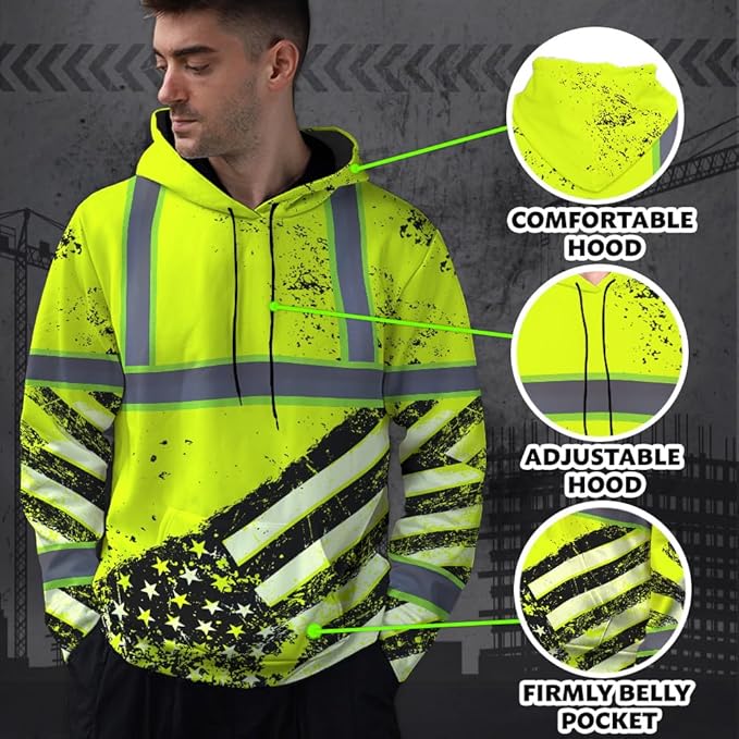 Color US Flag High Visibility Hoodie for Men Women Reflective Tapes Safety Workwear for Worker Runner Patriotic