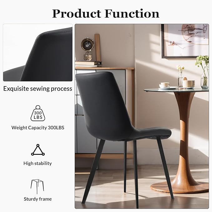 Dining Chairs, Modern PU Leather Dining Room Chair with Sturdy Metal Legs, Upholstered Seat Dinner Chairs Accent Side Chairs for Indoor Kitchen Living Room (Black, Set of 2)