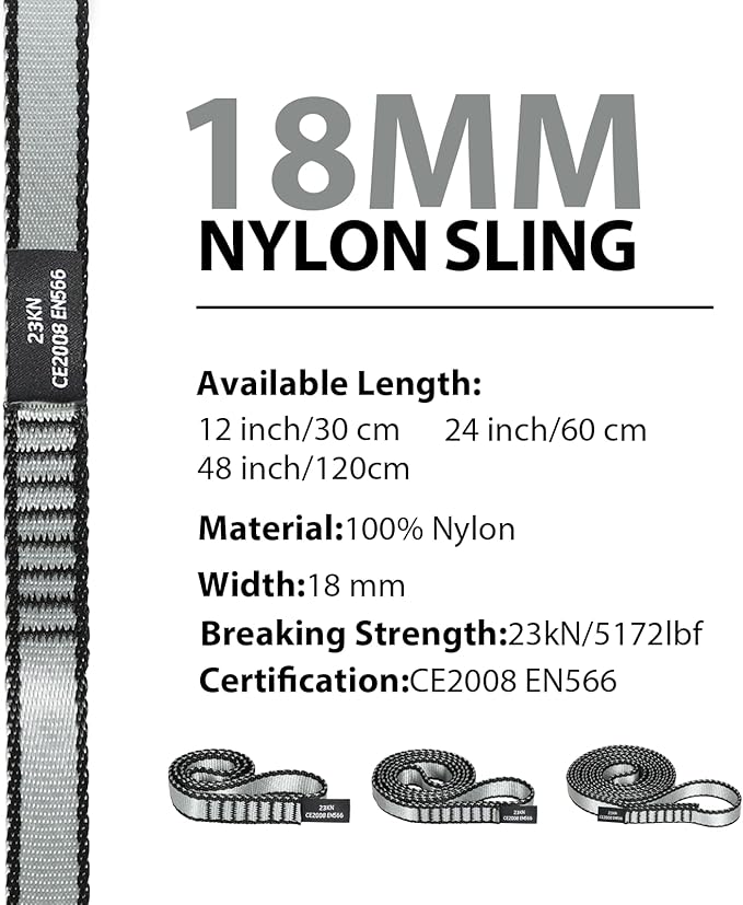 18MM Nylon Climbing Sling Runner - 23KN CE2008/EN566 Certified Outdoor Climbing Webbing for Rock Climbing, Rappelling, Mountaineering, Swing Gear, Outdoor Adventures & Emergency Anchoring
