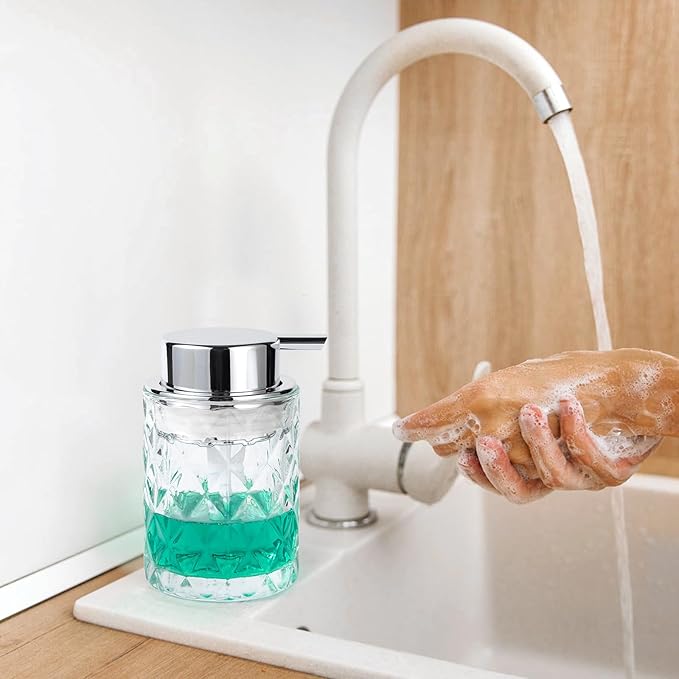 Bathroom Glass Soap Dispenser with Durable Rust-Proof Plastic Liquid Pump (Can't Foam) Hand Lotion Dispenser Antislip Shampoo Kitchen 10oz