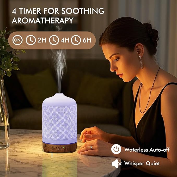 Essential Oil Diffuser 200ml-Ultrasonic Aroma Diffuser with 4 Timers, Aromatherapy Diffuser 7 Color LED Lights Waterless Auto Off for Home Office Yoga Gift (Ceramic White)