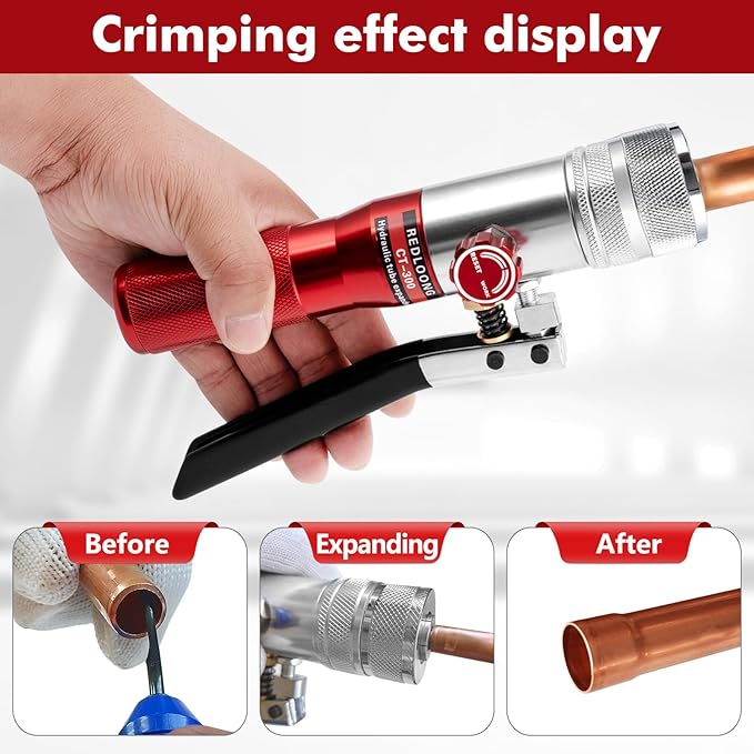 HVAC Swaging Tool Kit – Hydraulic Tube Expander for Copper Pipes, Compact Swage Tool with Tube Cutter, Deburring Tool & 7 Expander Heads (3/8”–1-1/8”) (Red)