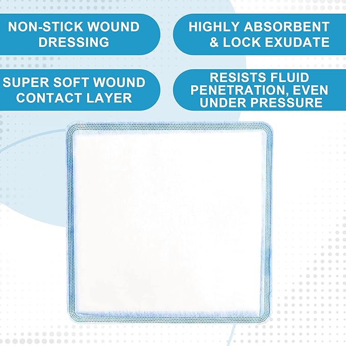 MedVance Super Absorbent Dressing, Dressing Pads for Wound Care, for Pressure Ulcers and 1st/2nd Degree Burns, Superior Moisture Absorbency Bandages, Box of 5 dressings (8"x8")