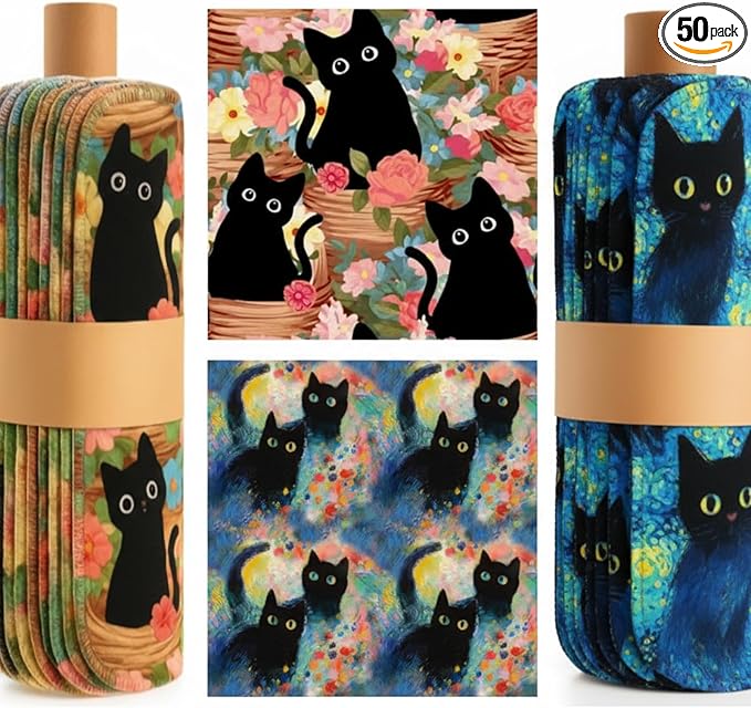 Redbaker 50 Pcs Reusable Paper Towels Paperless Reusable Cotton Cloths Toilet Absorbent Washable Paper Towels with Roll Kitchen Dishcloth for Kitchen Paperless Dishcloths (Black Cat)