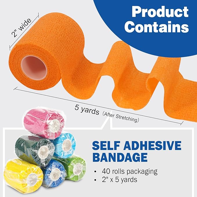 AZEN 40 Pack Self Adhesive Bandage Wrap, 2" X 5 Yards Elastic Cohesive Bandage Wrap, Color Athletic Tape, Vet Wrap, Ankle Tape, Tattoo Grip Tape Wrap