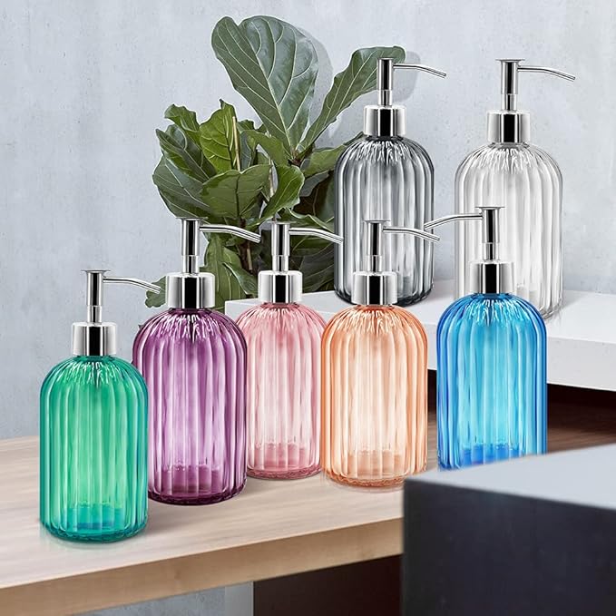 2 Pack Glass Soap Dispenser with Pump, 400ml Liquid Soap Dispenser for Soap, Shampoo and Lotion Refill for Kitchen, Bathroom, Laundry (Purple)