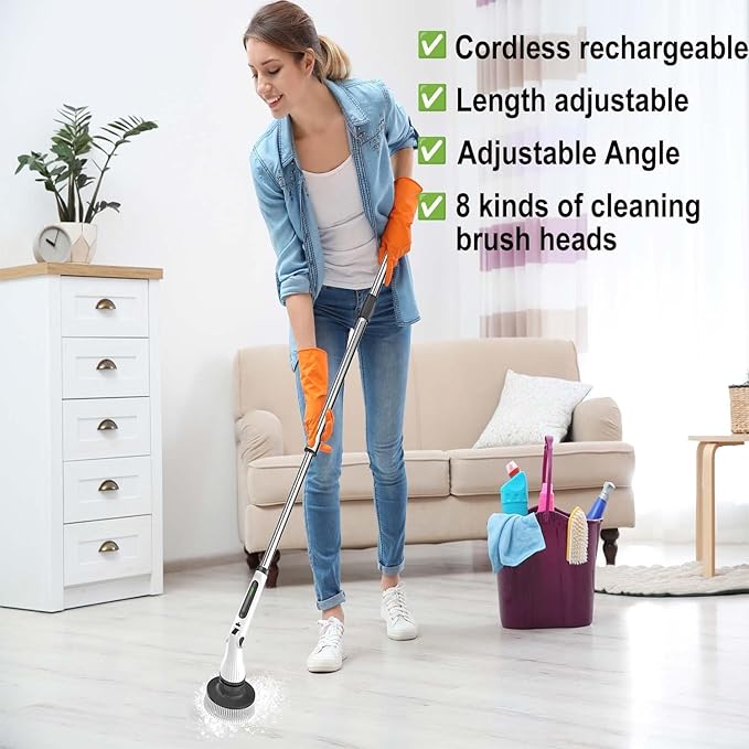 Electric Spin Scrubber, Cordless Cleaning Brush, Rechargeable Scrub Brush with 8 Replaceable Brush Heads, Adjustable Length and Angle Power Scrubber for Bathroom Tile Bathtub Glass