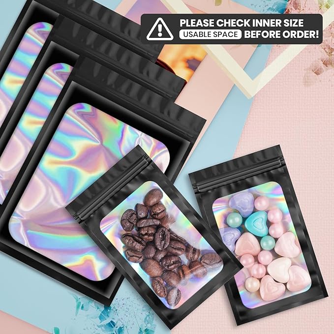Funfery 100 pcs Black Mylar Holographic Bags Packaging Bags,Clear Resealable Bag Foil Pouch Bag for Food Storage and Lipgloss,Jewelry,Eyelash Packaging for Small Business(2.4x3.9Inch)