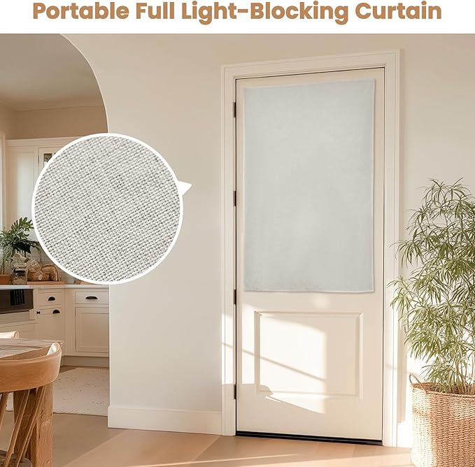 100% Blackout French Door Curtain,Adhesive, No Drilling Required,Small Curtains Designed for Installation On Doors (Light Beige - W25 × L40 in)