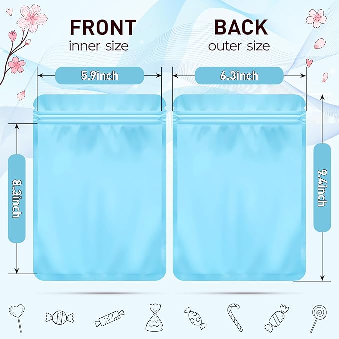 Funfery 100 Pack Blue Mylar Packaging Bags Resealable Bags Double Sided Color Odor Proof Pouch Baggies Smell Proof Foil Bag for Food Storage,Small Business(Blue,6.3x9.4inch)