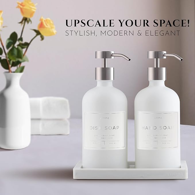 Lotion, Hand & Dish Soap Dispenser for Kitchen Sink - Bathroom Soap Dispenser Set of 2 16.8 Oz Glass Bottles with Stainless Steel Pump, 15 Water Proof Labels & Silicon Tray (White/Silver)