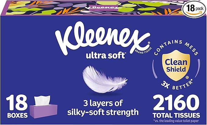 Kleenex Ultra Soft Facial Tissues, 18 Flat Boxes, 120 Tissues per Box, 3-Ply (2,160 Total), Packaging May Vary