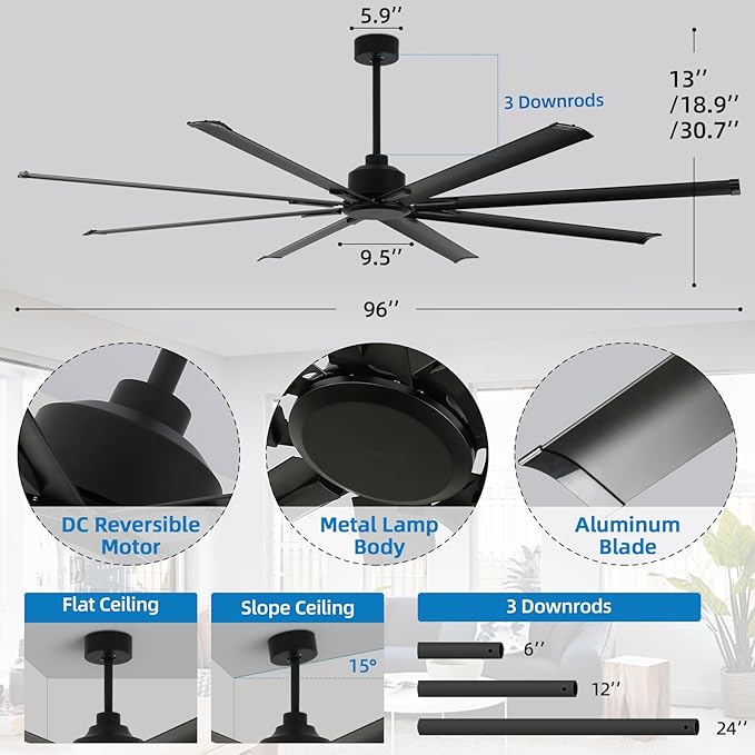 96 Inch Industrial Ceiling Fans without Lights，Large Ceiling Fan with 8 Reversible Aluminum Blades, 6-Speed Remote Control, Home or Commercial Ceiling Fan for Porch，Garage，Shop