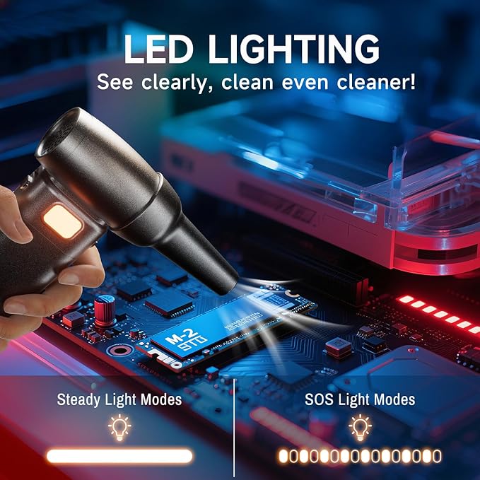 Compressed Air Duster，6 Gear Adjustable 300000RPM Cordless Electric Air Duster with LED Light and Screen,10000mAh Rechargeable Cordless Air Blower with Brushless Motor，Replaces Compressed Air Cans