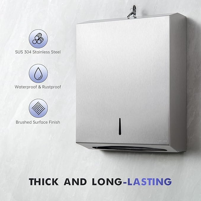 Paper Towel Dispenser Wall Mount: Commercial Paper Towel Dispenser with Lock - 304 Stainless Steel Hand Towel Dispenser for Bathroom, C-fold/Tri-fold/Multi-fold, Silver