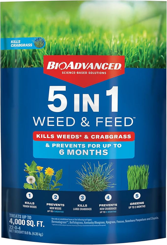BioAdvanced 5 in 1 Weed and Feed Lawn Fertilizer, Granules, 9.6 lb