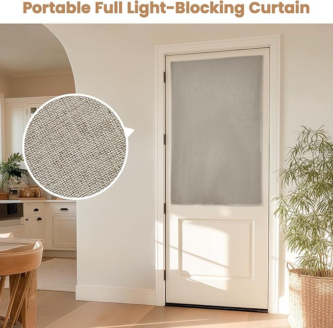 100% Blackout French Door Curtain,Adhesive, No Drilling Required,Small Curtains Designed for Installation On Doors (Light Coffee - W25 × L40 in)