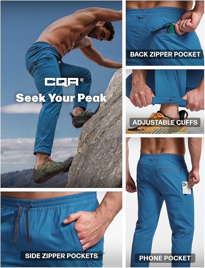 CQR Men's Lightweight Vent Hiking Pants, Water-Resistant & Breathable Sports Outdoor Athletic Pants with Elastic Waist