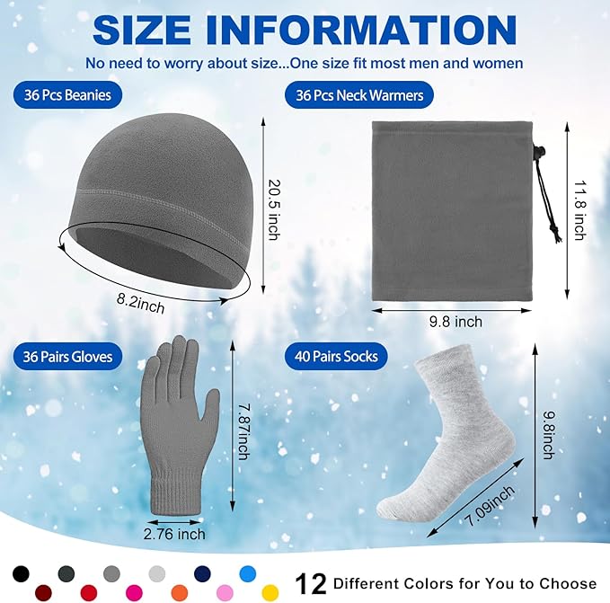 Liitrsh 148 Pcs Bulk Winter Fleece Hats Gloves Scarf Sock Sets for Men Women, Beanies for Homeless Donation Charity Bundle
