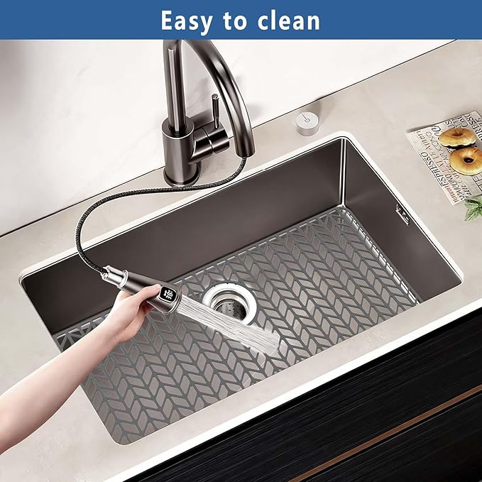 AWOKE Large Silicone Sink Protectors for Kitchen Sink, 30" x 16" Rear Drain Hole, Sink Mat for Bottom of Farmhouse Kitchen Stainless Steel Sinks, Raised Feet/Heat Resistant/Non-slip (Gray)