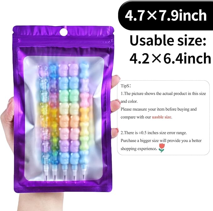 100 Pack Resealable Plastic Bags for Food Storage, Zipper Bags with Clear Front Window, Packaging Pouch for Small Business (Purple, 4.7x7.9 inch)