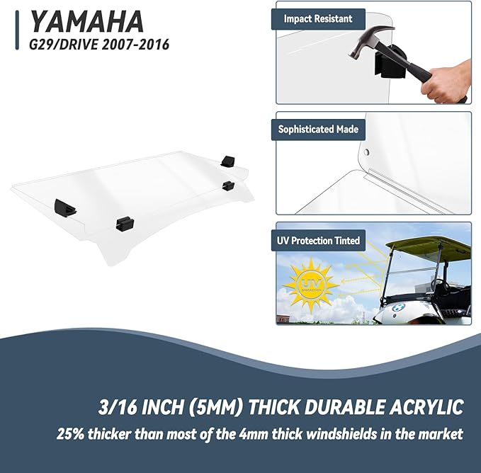 Golf Cart Windshield for EZGO/Club Car DS/Precedent/Yamaha Gas & Electric Models, 5MM Thicken Foldable, Clear Highly Transparent and Impact Resistant Acrylic