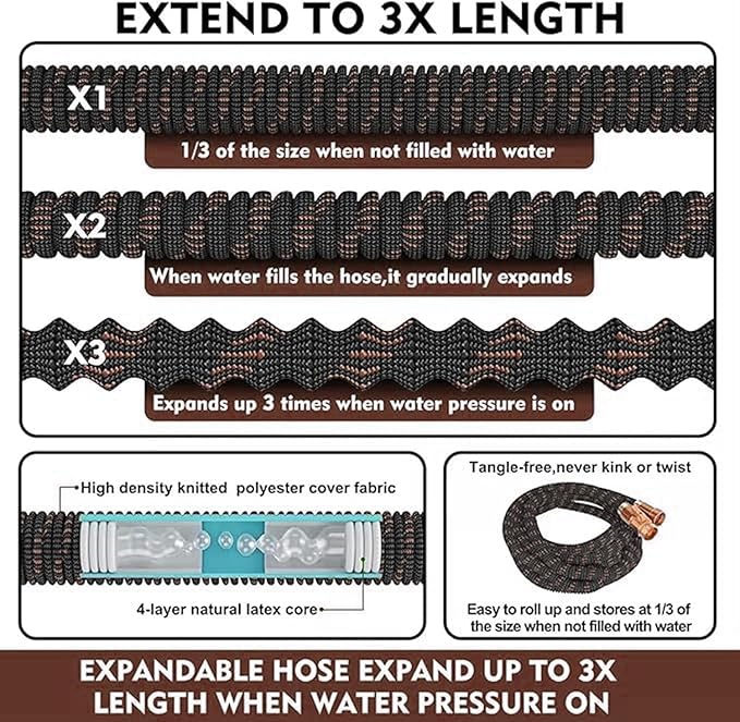 50FT Expandable Garden Hose - with 10-Function Spray Nozzle - Lightweight, Flexible, 3/4" Solid Brass Fittings-champagne