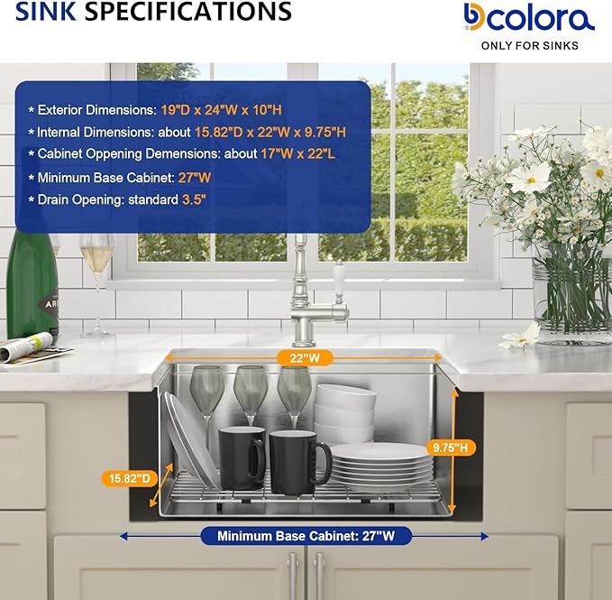 Dcolora 24 in. Undermount Wet Bar Sink Small Kitchen Sink Stainless Steel Under Counter Single Bowl Workstation 24"×19"×10",DC-U1111