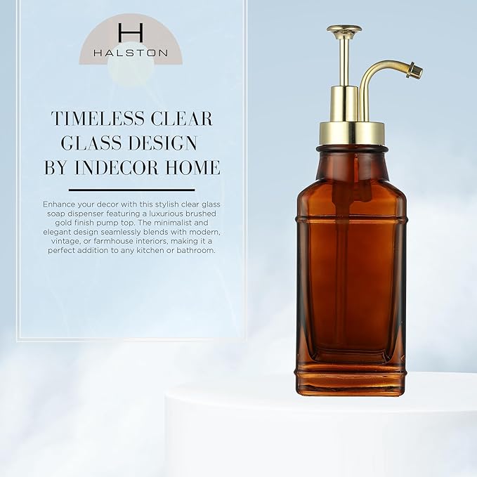 Amber Glass Soap Dispenser with Brushed Gold Pump Dispenser, Modern Refillable Pump for Bathroom, Kitchen, or Office, Elegant Accent Piece for Interior Decoration