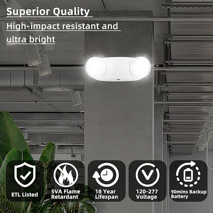 RMC LED Emergency Lights with Battery Backup, Two Head Adjustable Commercial Emergency Lighting, AC120-277V, Hardwired Emergency Exit Light Fixtures for Home and Business, ETL Listed, 4 Pack